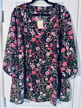 Floral V-Neck Top - Pink, Yellow & Green on Black